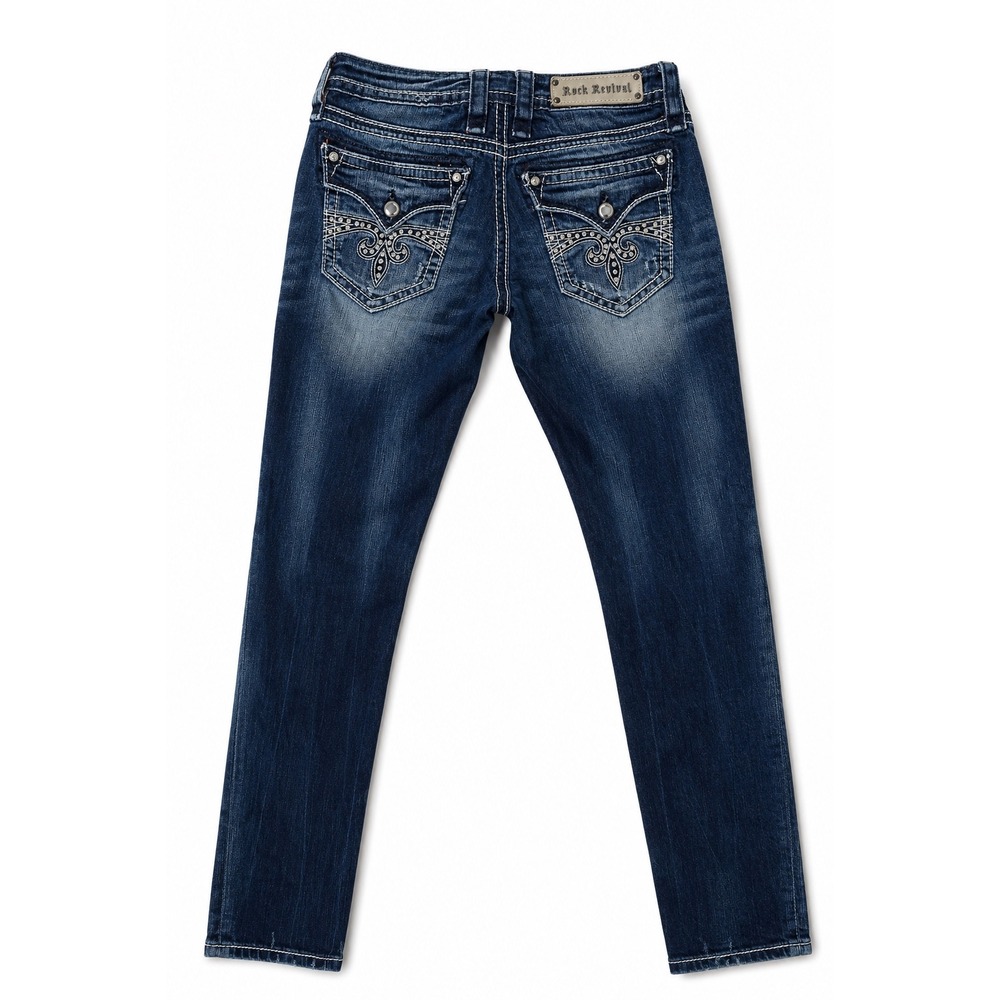 Rock Revival Sora Skinny Jean Dark Wash Embroidered Flap Pocket Size 27 Low Rise
